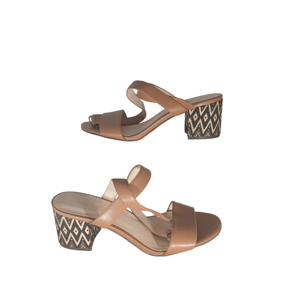 Nine West Shoes - Nine West Gondola Block Heel Sandals 8M Tan Geometric Boho Chic Ankle Strap